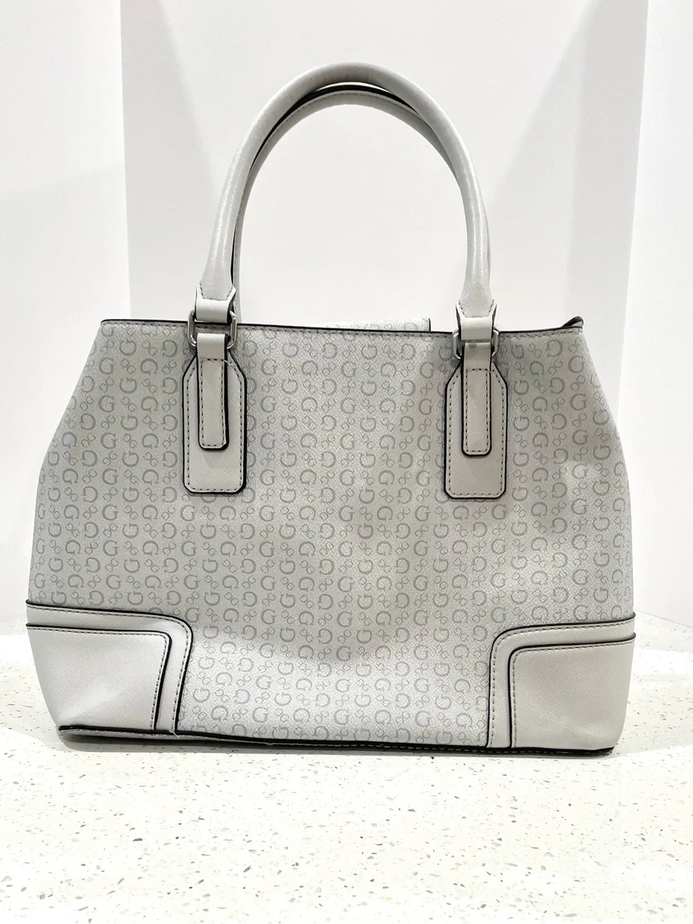 GUESS White Logo-Print Satchel with Silver Hardware